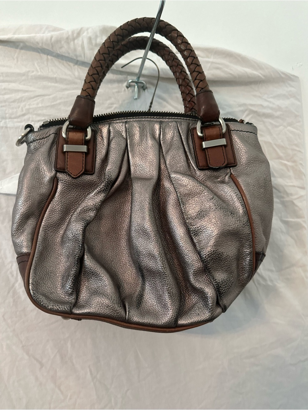 Banana Republic Metallic Silver Dome Satchel Handbag with Brown Accents
